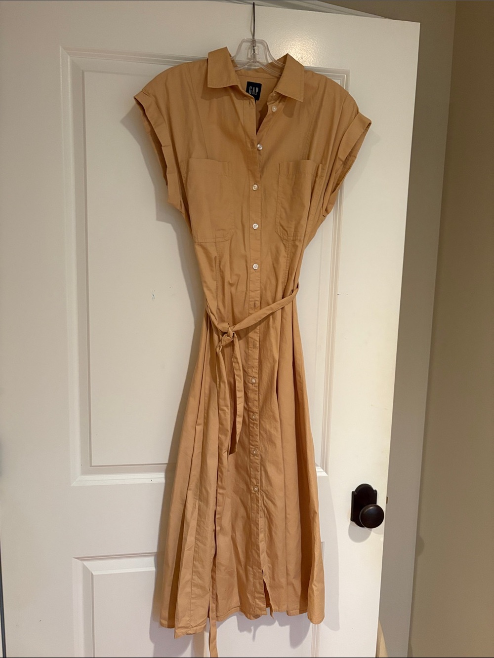 GAP Tan Button-Front Midi Shirt Dress with Waist Tie
